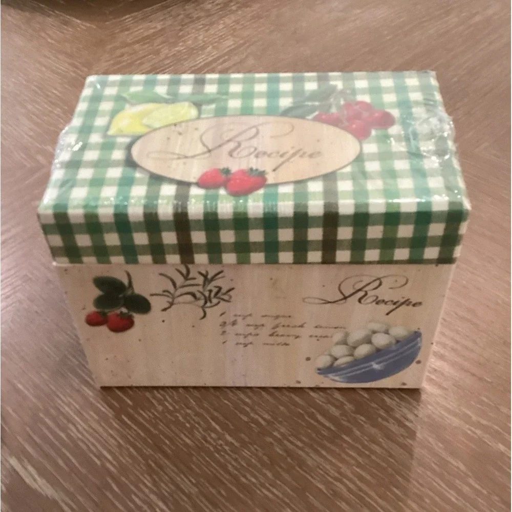 Recipe Box Green Martin Design Fruit Veg Gingham Check Lemon Cherry NEW Vintage